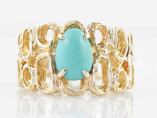 Vintage Right Hand Ring Mid-Century Cabochon Cut Turquoise in 18K Yellow Gold