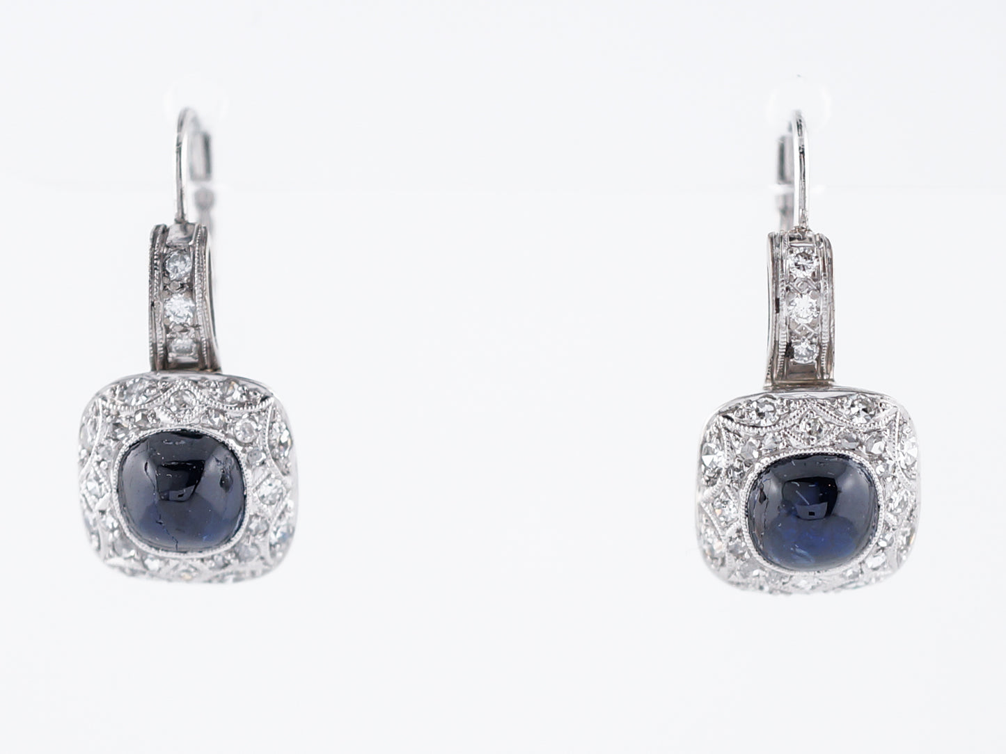Antique Earrings Art Deco 12.12 Cabochon Cut Sapphires in Platinum