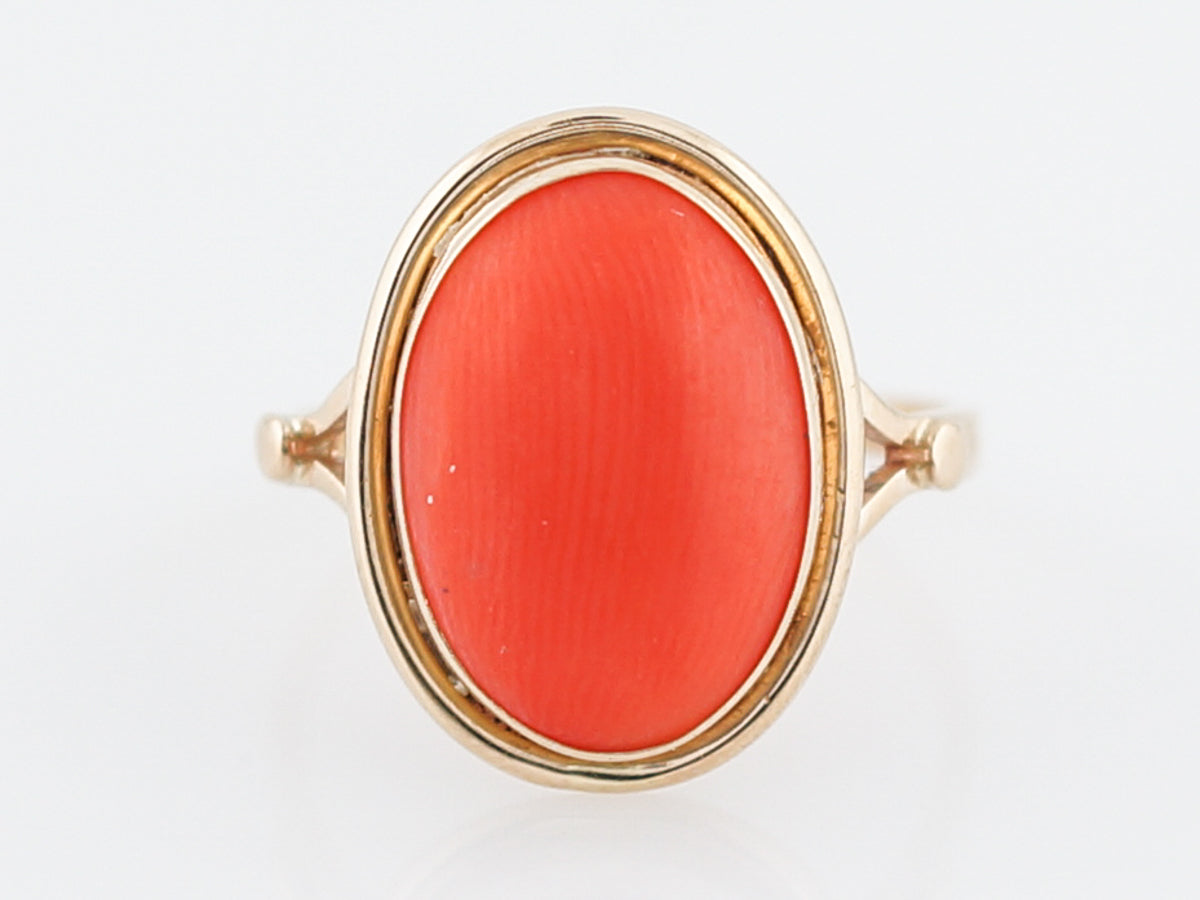 Antique Right Hand Ring Victorian 2.96 Cabochon Cut Coral in 14K Yellow Gold