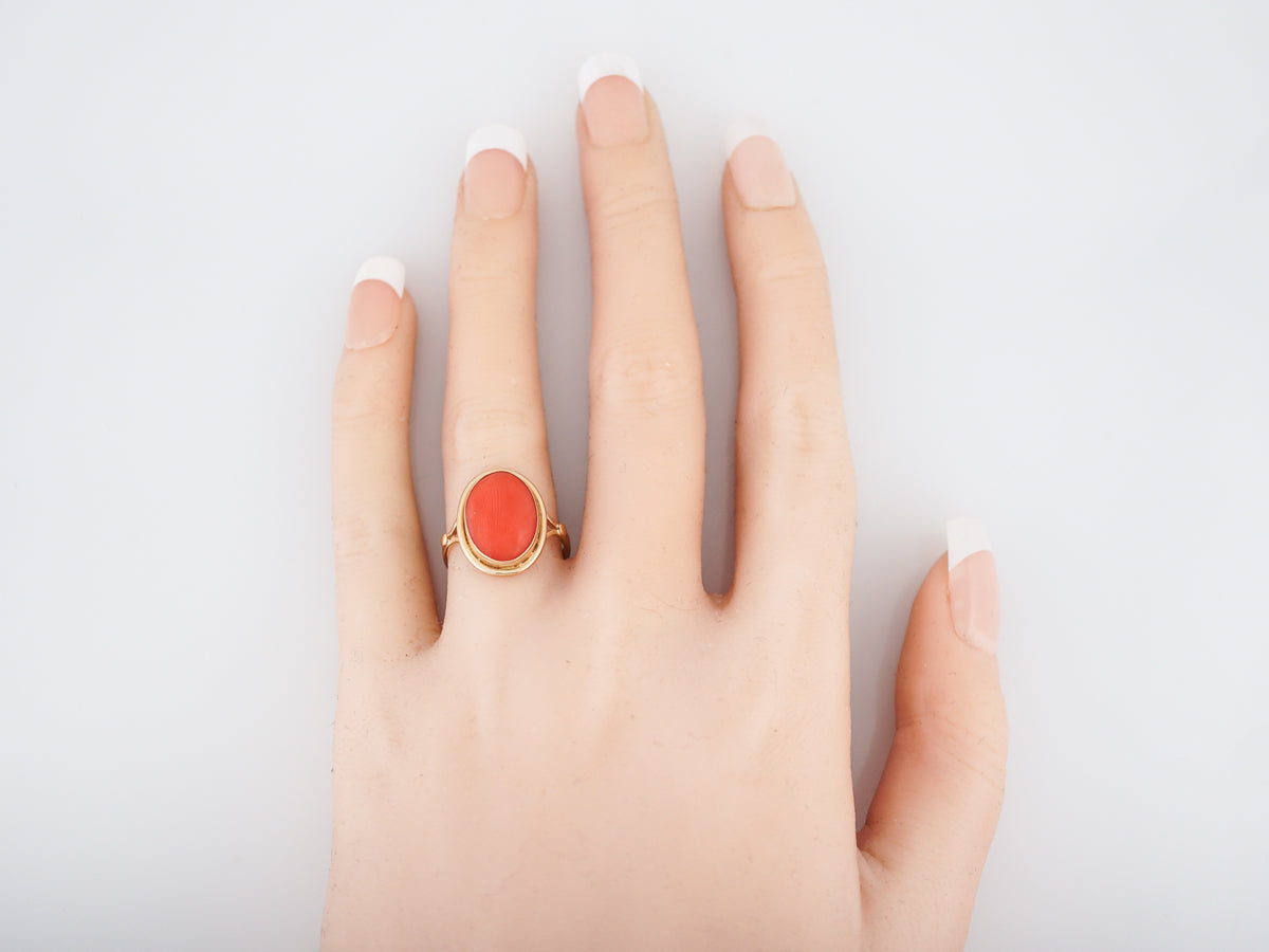 Antique Right Hand Ring Victorian 2.96 Cabochon Cut Coral in 14K Yellow Gold