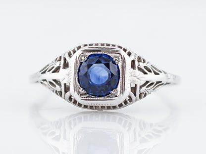 Antique Engagement Ring Art Deco .70 Round Cut Sapphire in 18K White Gold
