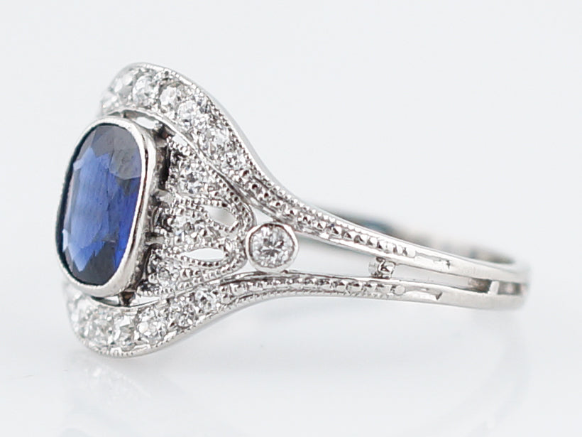 Antique Engagement Ring Art Deco .62 Cushion Cut Sapphire in Platinum