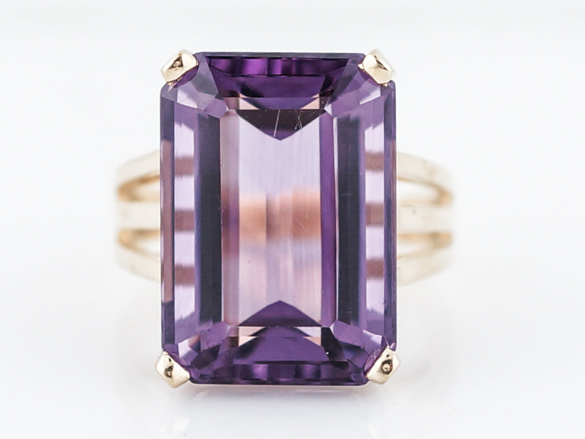 Vintage Cocktail Ring Mid-Century 14.06 Emerald Cut Amethyst in 14K Yellow Gold