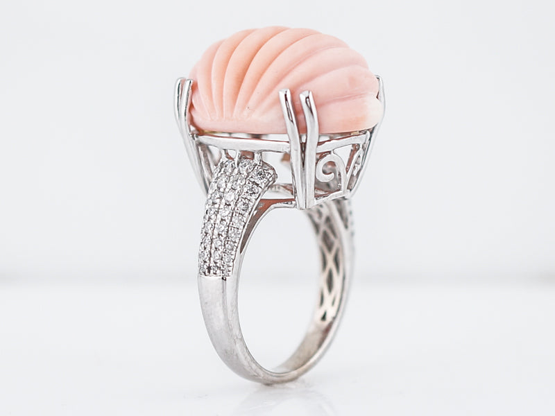 Cocktail Ring Modern 28.94 Carved Oval Coral in 14k White Gold