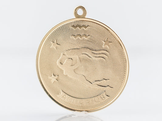 Vintage Pendant Charm Gold Aquarius Coin Mid-Century 14k Yellow Gold