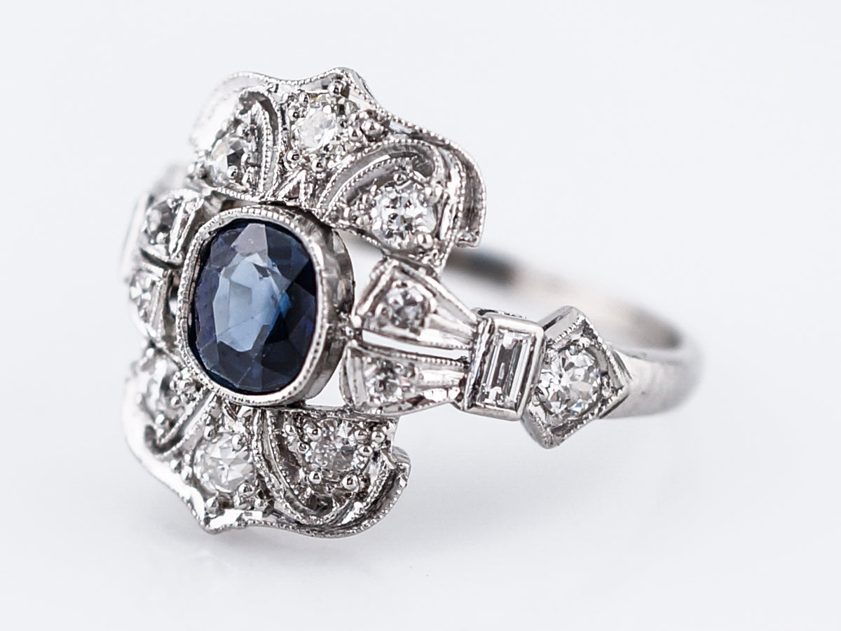 Antique Cocktail Ring Art Deco .70 Cushion Cut Sapphire & .50 Single Cut Diamonds in Platinum