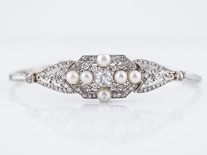 Antique Bracelet Art Deco .66 Old European Cut Diamond & Pearls in Platinum