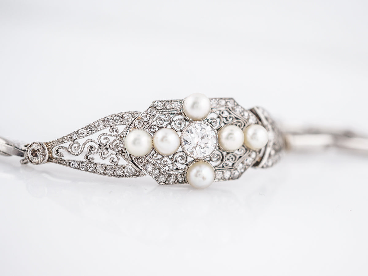 Antique Bracelet Art Deco .66 Old European Cut Diamond & Pearls in Platinum