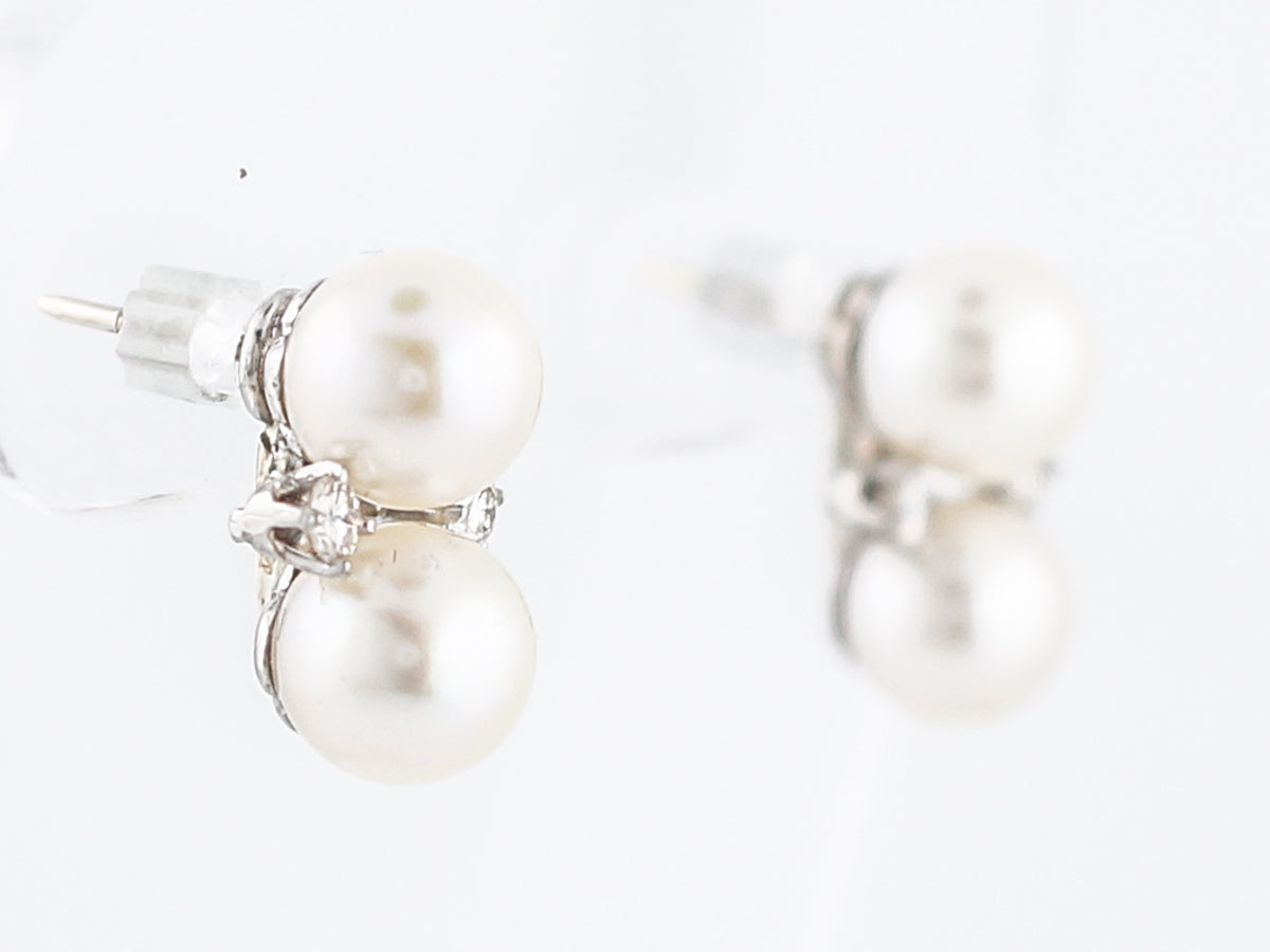 Vintage Earrings Mid-Century Akoya Pearl & .28 Round Brilliant Cut Diamonds in 14k White Gold