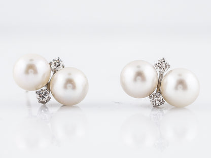 Vintage Earrings Mid-Century Akoya Pearl & .28 Round Brilliant Cut Diamonds in 14k White Gold