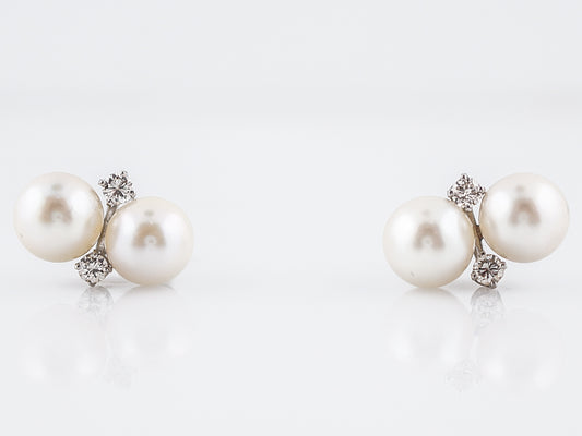 Vintage Earrings Mid-Century Akoya Pearl & .28 Round Brilliant Cut Diamonds in 14k White Gold