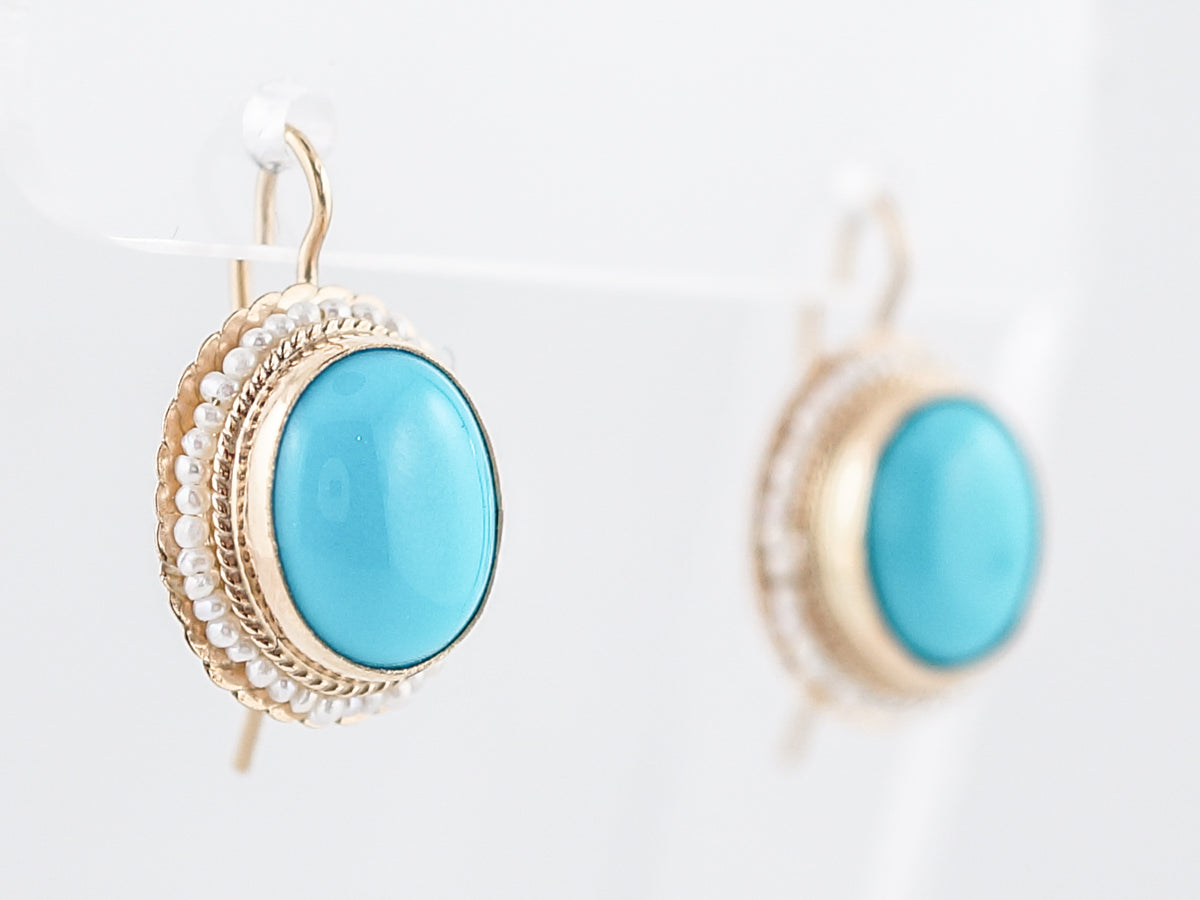 Dangle Drop Earrings Modern 5.48 Cabochon Cut Turquoise & Seed Pearls in 14k Yellow Gold