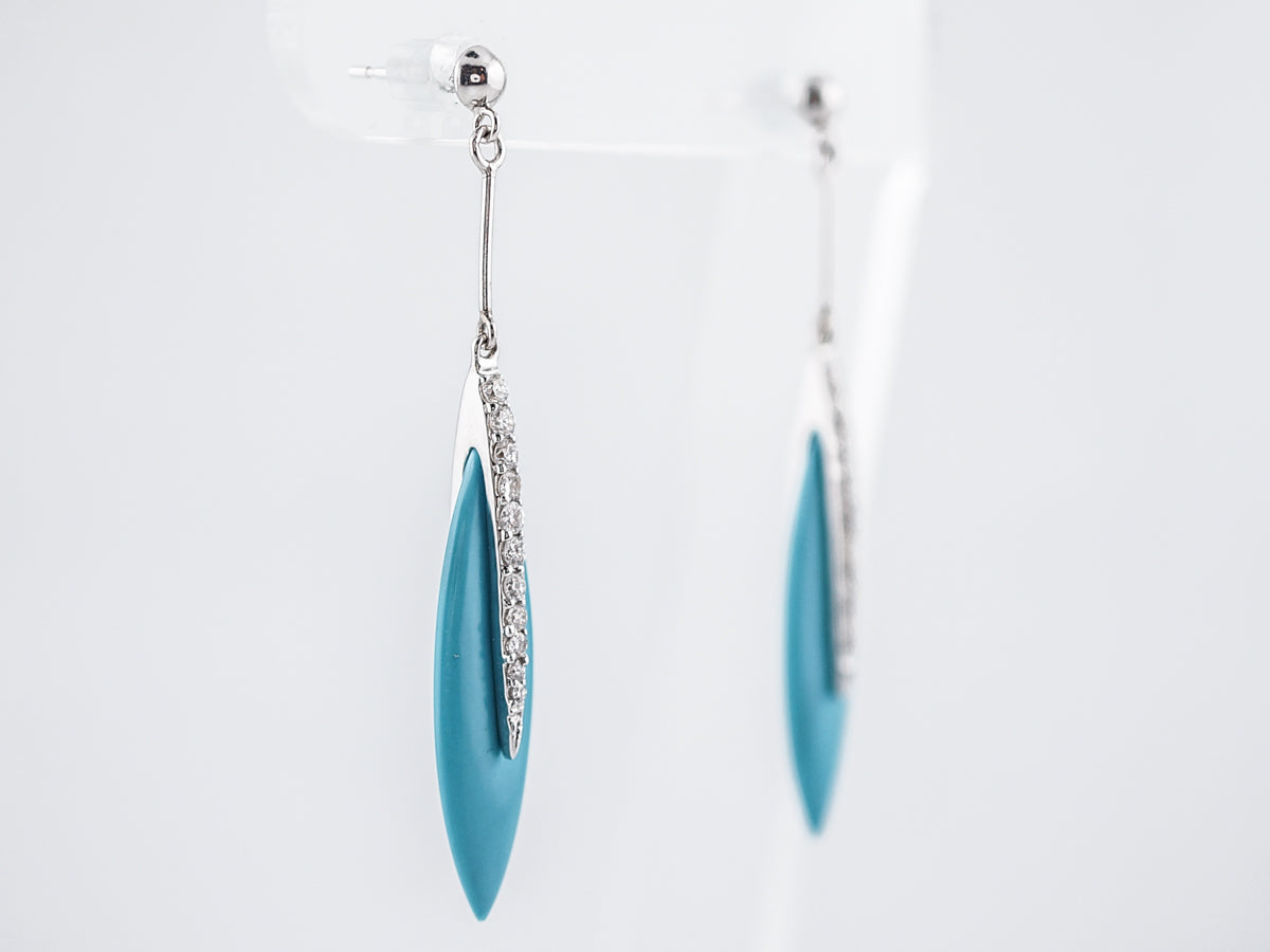 Dangle Drop Earrings Modern 4.20 Turquoise & .35 Round Brilliant Cut Diamonds in 18k White Gold