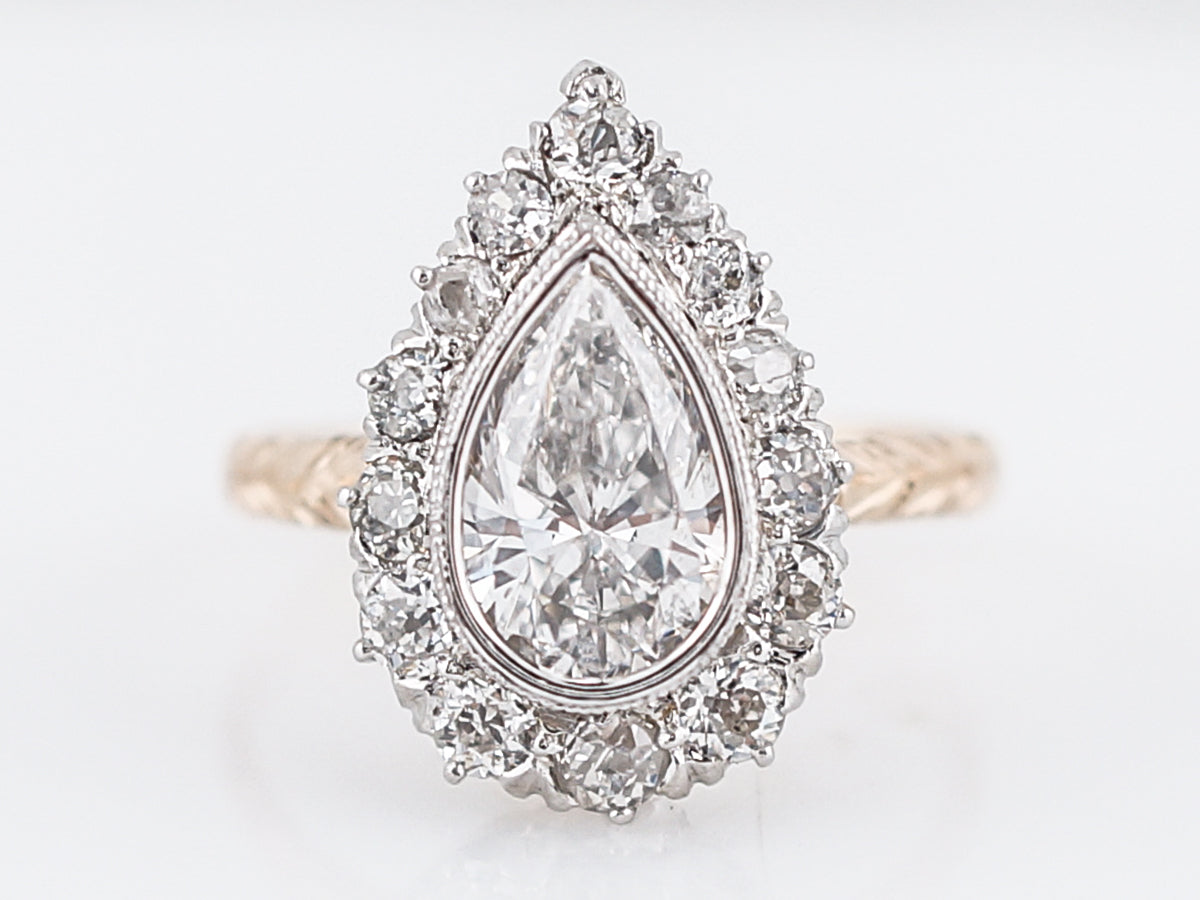 Antique Engagement Ring Victorian GIA 1.26 Pear Cut Diamond in 14k Yellow & White Gold