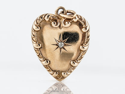 Antique Pendant Charm Engraved Locket Edwardian .03 Old Mine Cut Diamond in 14k Yellow Gold