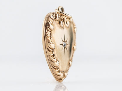 Antique Pendant Charm Engraved Locket Edwardian .03 Old Mine Cut Diamond in 14k Yellow Gold