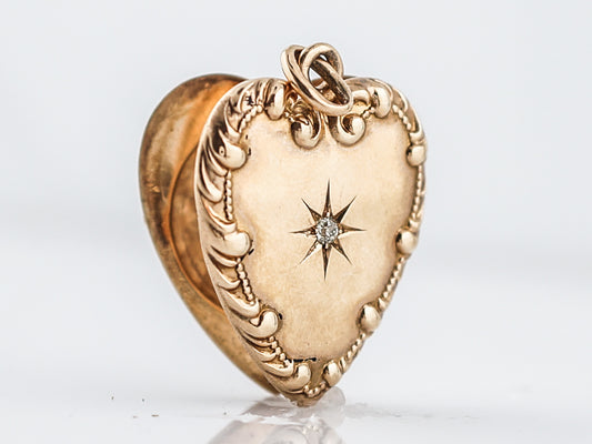 Antique Pendant Charm Engraved Locket Edwardian .03 Old Mine Cut Diamond in 14k Yellow Gold