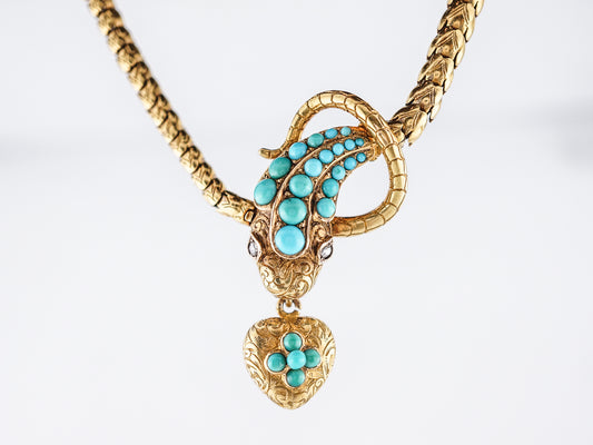 Antique Snake Necklace Victorian .06 Rose Cut Diamonds & Turquoise in 18k Yellow Gold