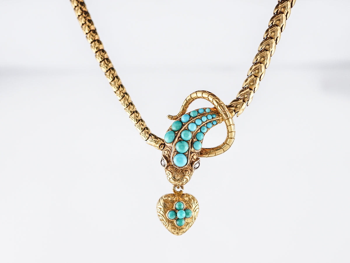 Antique Snake Necklace Victorian .06 Rose Cut Diamonds & Turquoise in 18k Yellow Gold