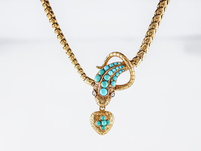 Antique Snake Necklace Victorian .06 Rose Cut Diamonds & Turquoise in 18k Yellow Gold