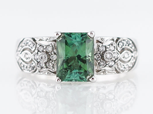 Modern Right Hand Ring 1.59 Emerald Cut Green Tourmaline in 18k White Gold