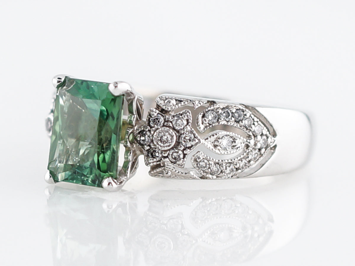 Modern Right Hand Ring 1.59 Emerald Cut Green Tourmaline in 18k White Gold