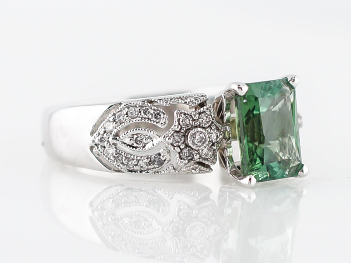Modern Right Hand Ring 1.59 Emerald Cut Green Tourmaline in 18k White Gold