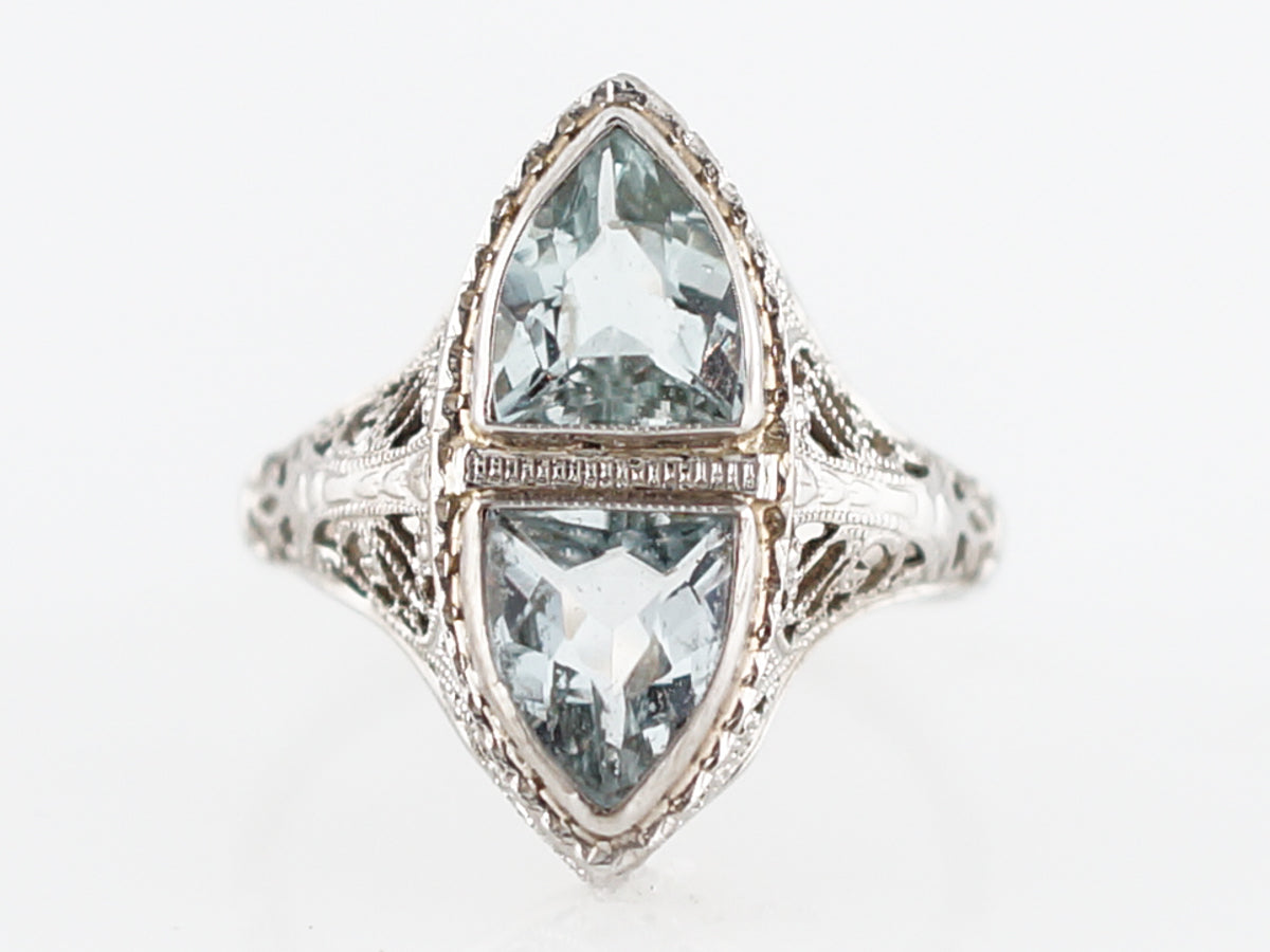 Antique Cocktail Ring Art Deco 1.20 Shield Cut Aquamarine in 14k White Gold