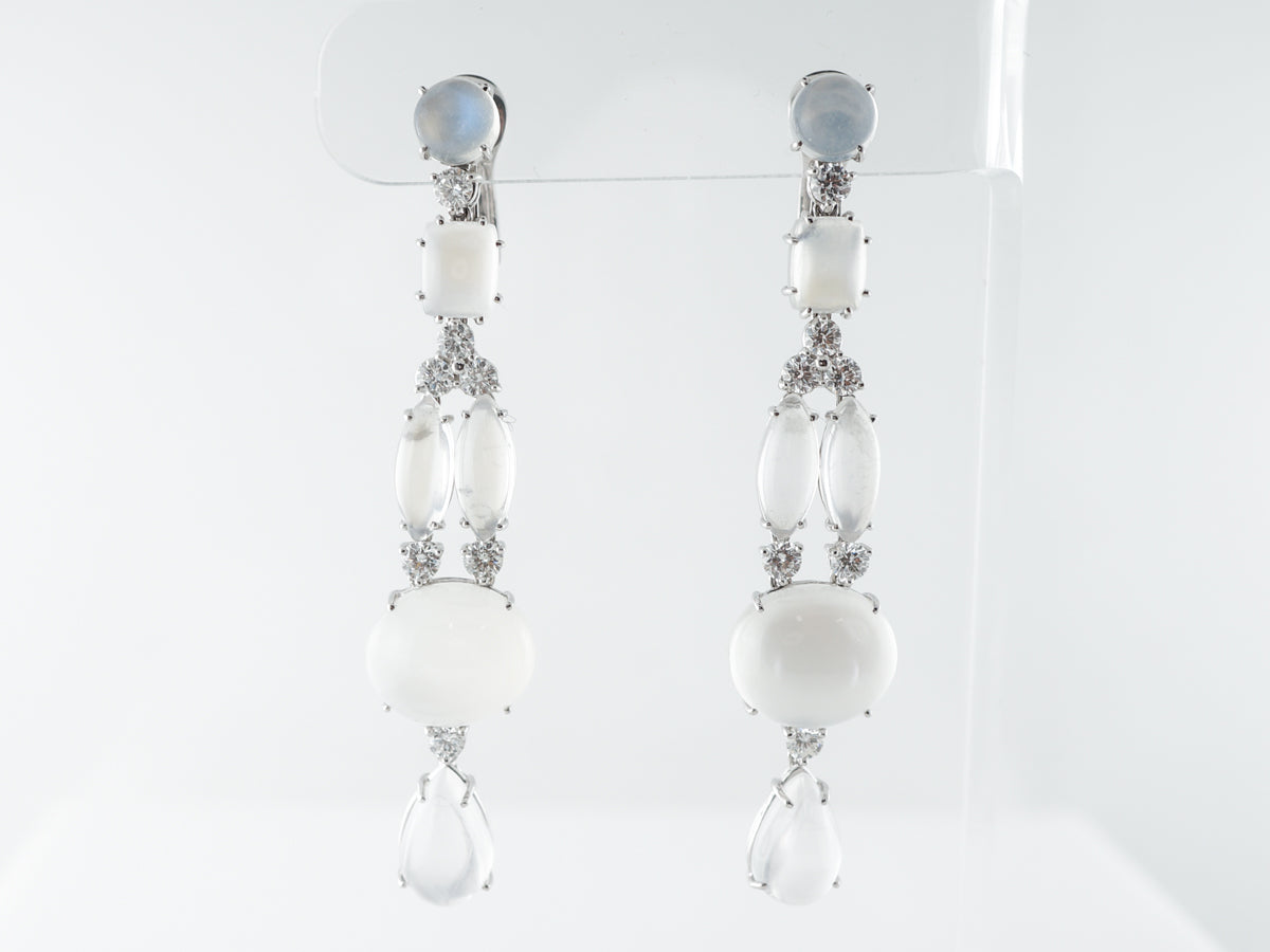 Moonstone & Diamond Dangle Earrings in White Gold