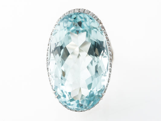 30 Carat Oval Aquamarine & Diamond Cocktail Ring 14k