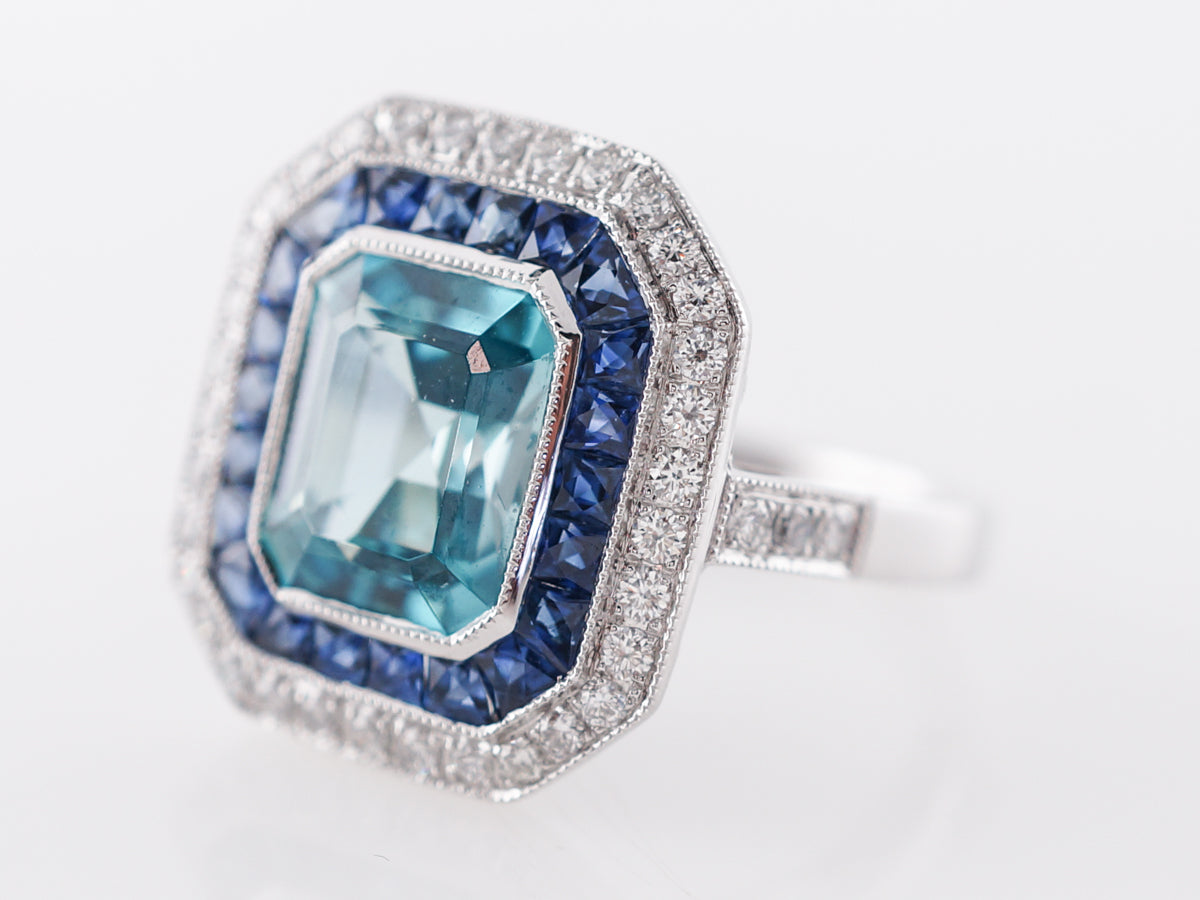 Blue Zircon Ring with Sapphire & Diamond Halo