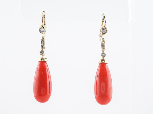 ***RTV***Dangle Drop Earrings Modern Cabochon Cut Coral & .31 Round Brilliant Cut Diamonds in 18k Yellow Gold