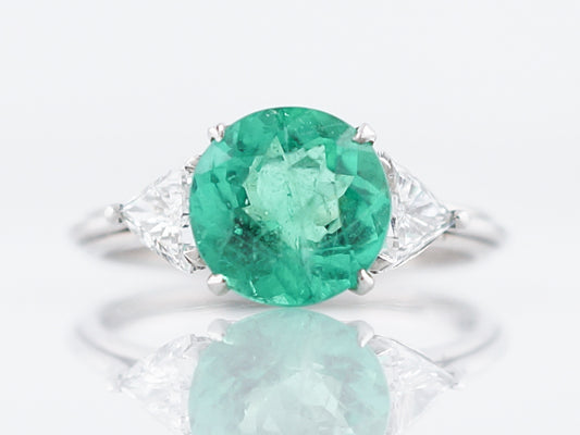 ***RTV***Right Hand Ring Modern 2.51 Round Cut Emerald & .55 Trilliant Cut Diamonds in Platinum