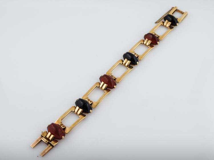 Antique Bracelet French Art Deco Onyx & Carnelian Cabochon Cut in 14k Yellow Gold