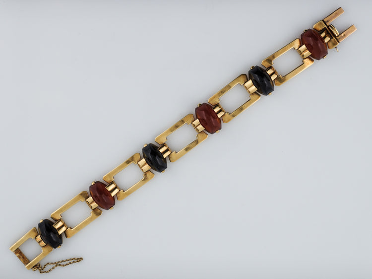Antique Bracelet French Art Deco Onyx & Carnelian Cabochon Cut in 14k Yellow Gold