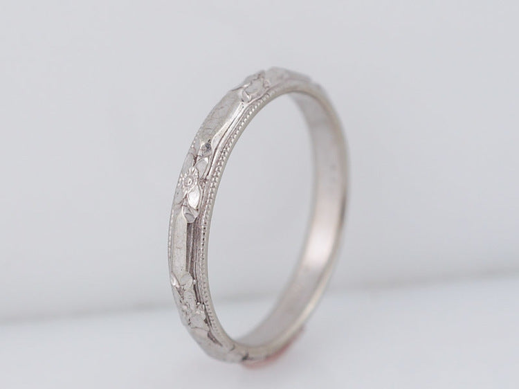 Antique Wedding Band Art Deco Floral Engraved in 14k White Gold