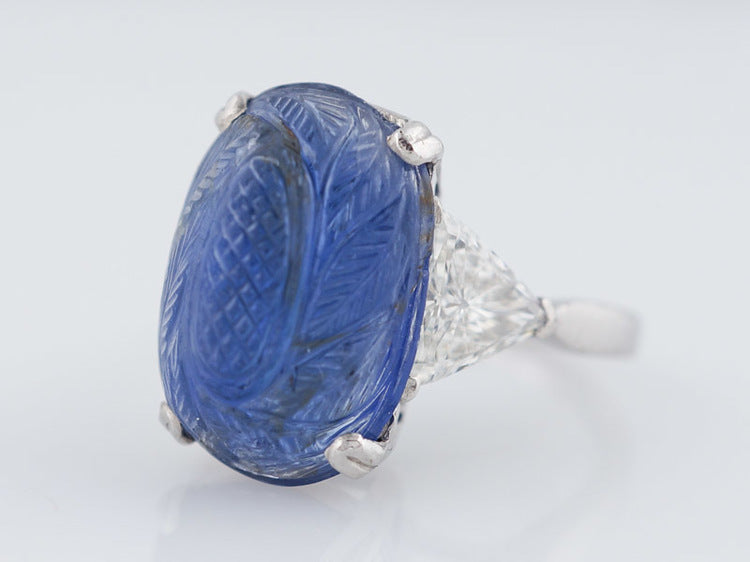 Antique Right Hand Ring Art Deco/Mid Century 11.12ct No Heat Cabochon Cut Sapphire in Platinum