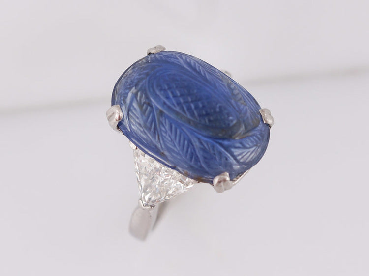 Antique Right Hand Ring Art Deco/Mid Century 11.12ct No Heat Cabochon Cut Sapphire in Platinum