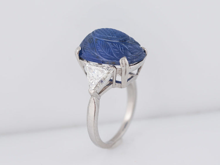 Antique Right Hand Ring Art Deco/Mid Century 11.12ct No Heat Cabochon Cut Sapphire in Platinum
