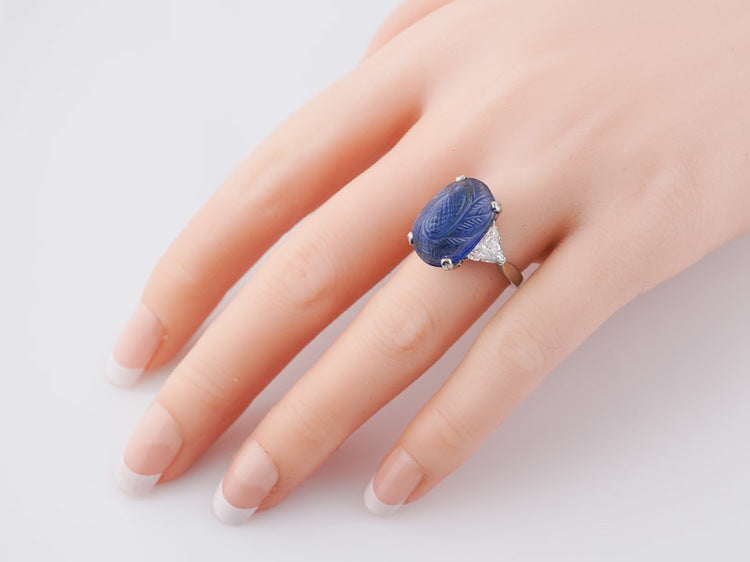 Antique Right Hand Ring Art Deco/Mid Century 11.12ct No Heat Cabochon Cut Sapphire in Platinum