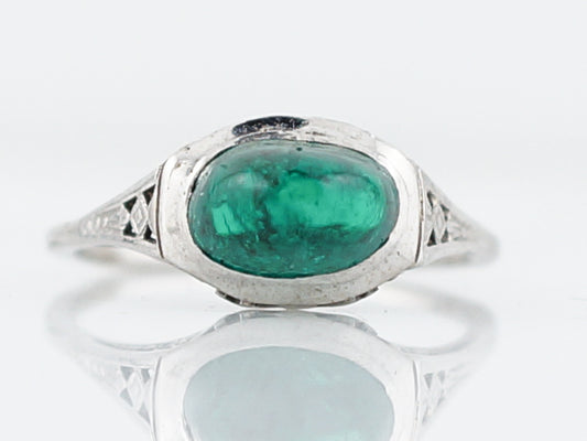 Antique Engagement Ring Art Deco 1.98 Cabochon Cut Emerald in 14k White Gold