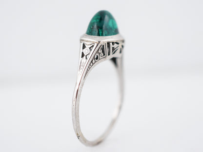 Antique Engagement Ring Art Deco 1.98 Cabochon Cut Emerald in 14k White Gold