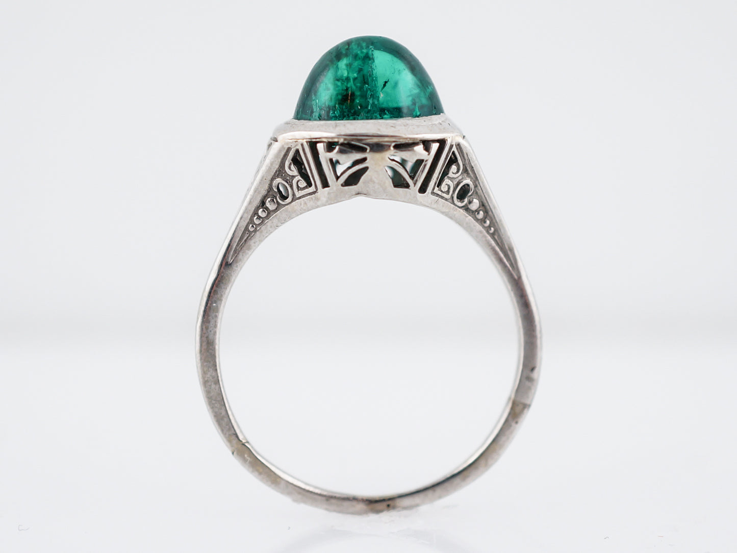 Antique Engagement Ring Art Deco 1.98 Cabochon Cut Emerald in 14k White Gold