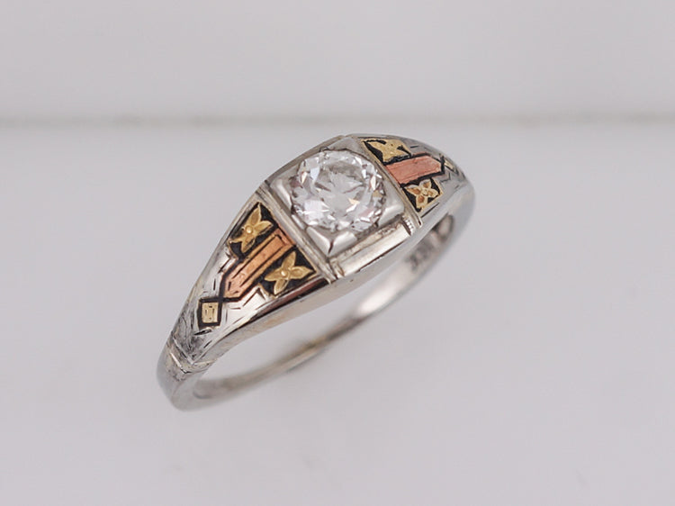 Antique Engagement Ring Art Deco .58ct Old European Cut Diamond in 18k Yellow, White & Rose Gold