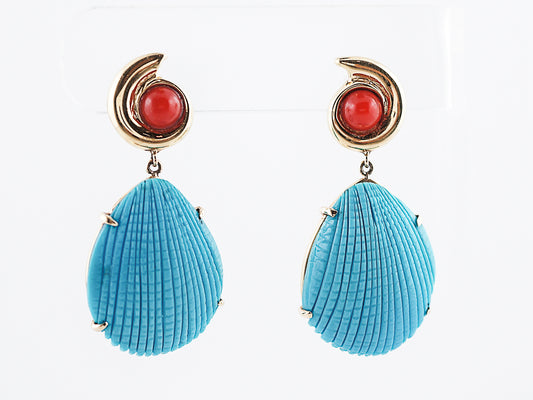 Vintage Carved Earrings Mid Century Cabochon Cut Turquoise & Coral in 14k Yellow Gold