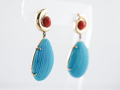 Vintage Carved Earrings Mid Century Cabochon Cut Turquoise & Coral in 14k Yellow Gold
