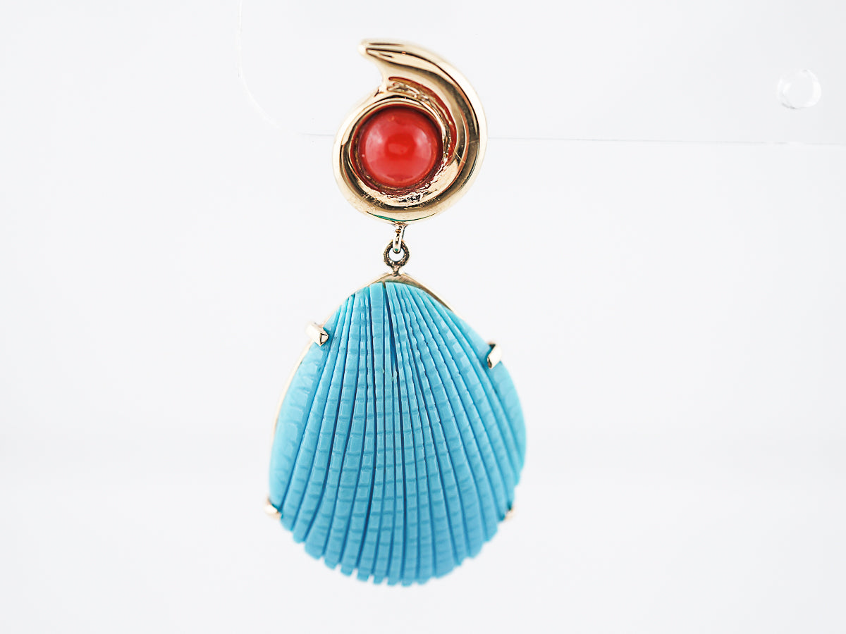 Vintage Carved Earrings Mid Century Cabochon Cut Turquoise & Coral in 14k Yellow Gold