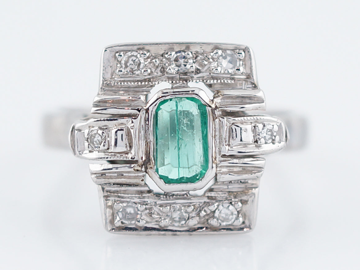 Antique Right Hand Ring Art Deco .32 Emerald Cut Emerald in 14k White Gold