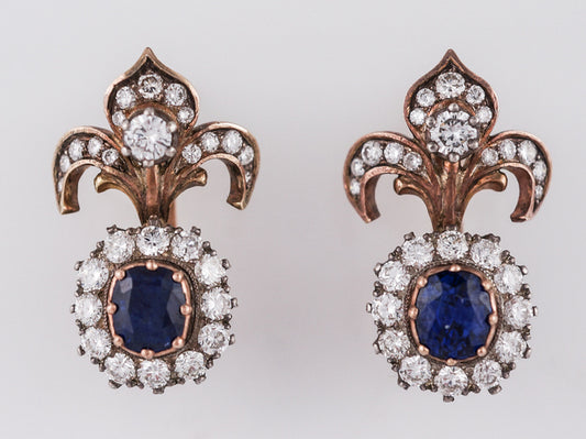 ***RTV***Antique Style Earrings Modern 1.46 Oval Cut Sapphires & 1.30 Round Brilliant Cut Diamonds in 14k Yellow Gold