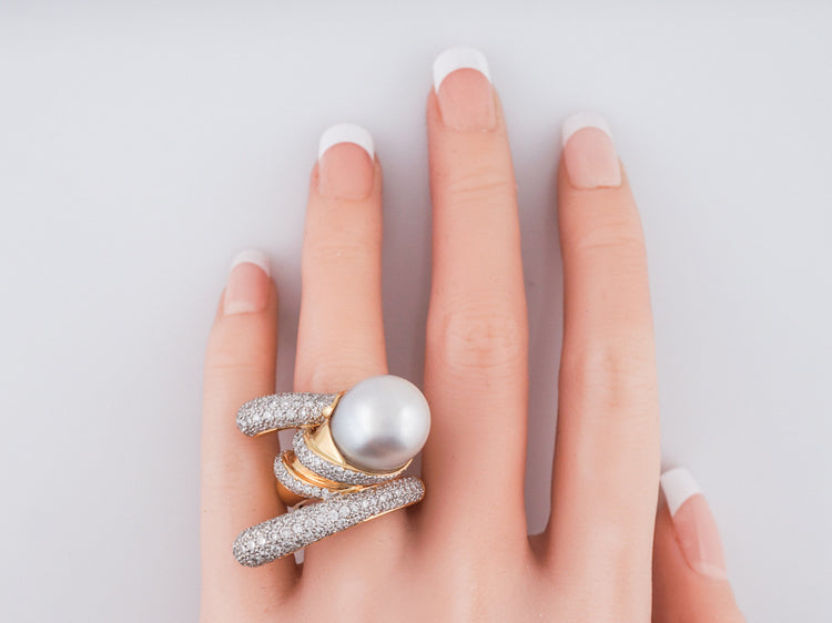 Cocktail Ring Modern Pearl and 4.18 Round Brilliant Diamonds in 18k White & Yellow Gold